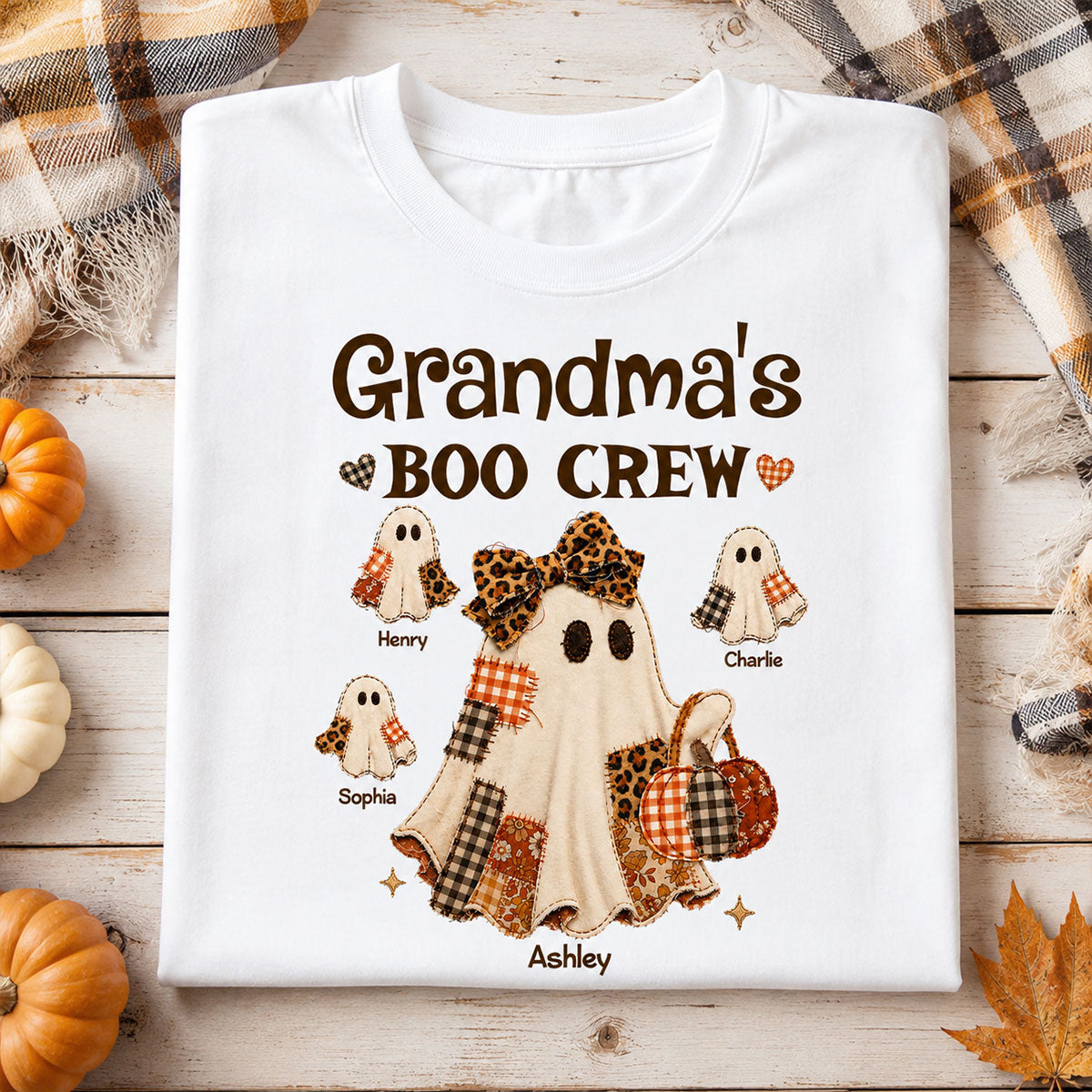 Grandma Fall Season Halloween Faux Patchwork Pattern Coquette - Personalized Shirt - Halloween Gift For Grandma