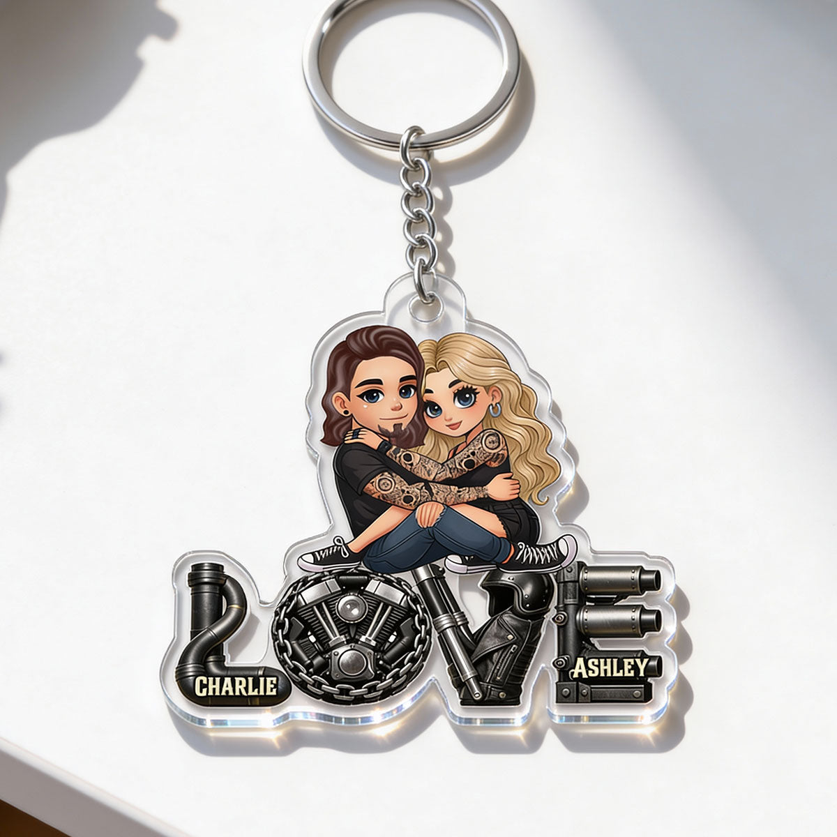 Biker Couple Together - Personalized Acrylic Keychain - Gift For Bikers, Gift For Him, For Her