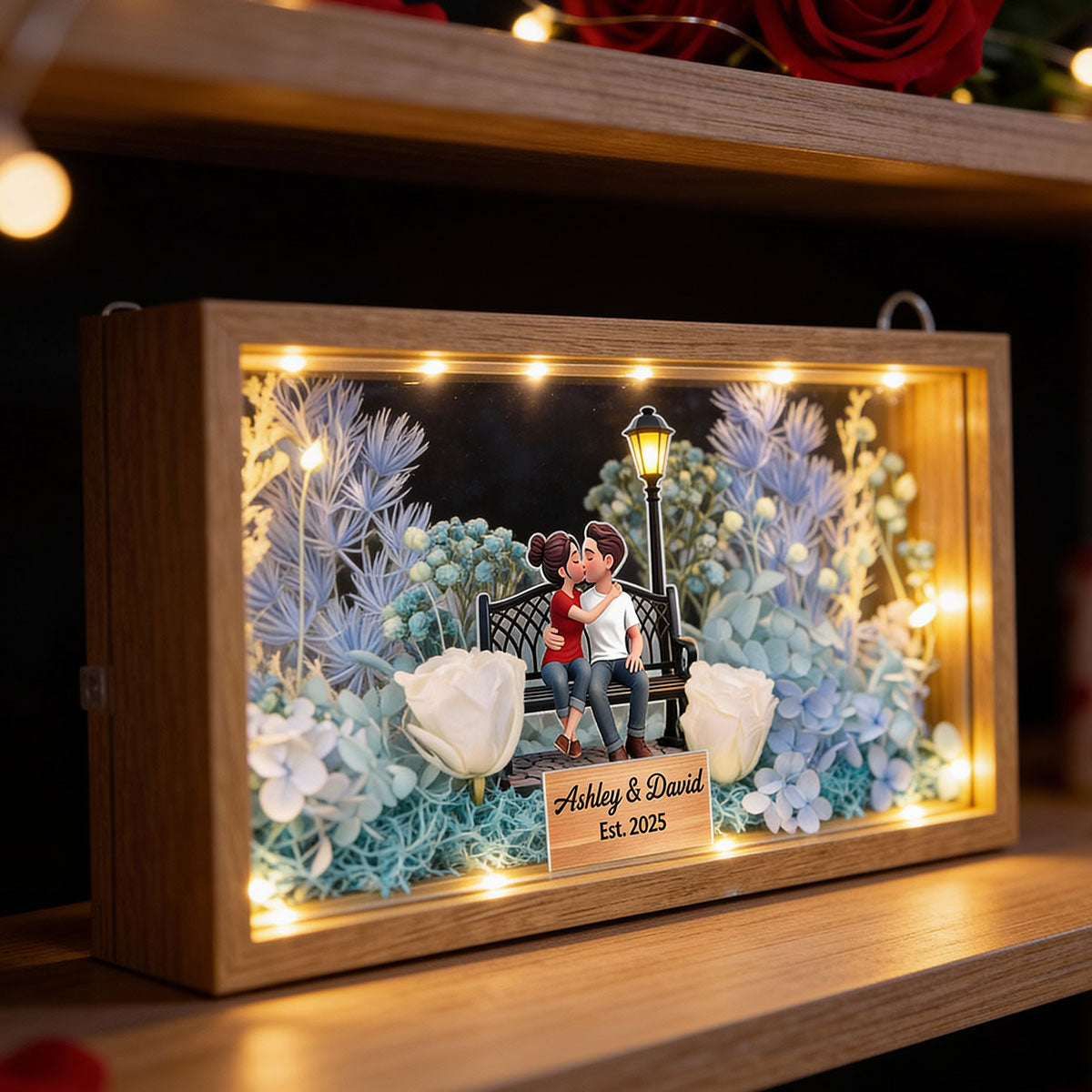 Eternal Love Couple Sitting Kissing - Personalized DIY Flower Shadow Box LED Night Light - Gift For Couple, For Him, For Her