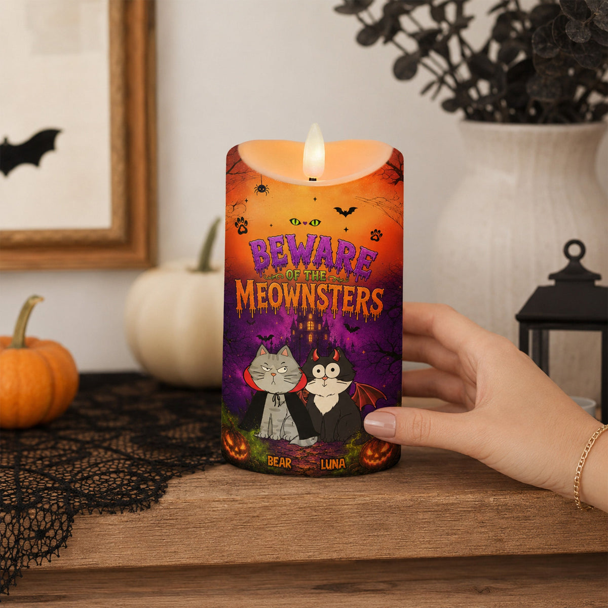 Beware Of The Meownsters - Personalized LED Candle - Purrfect Halloween Decor for Cat Lover