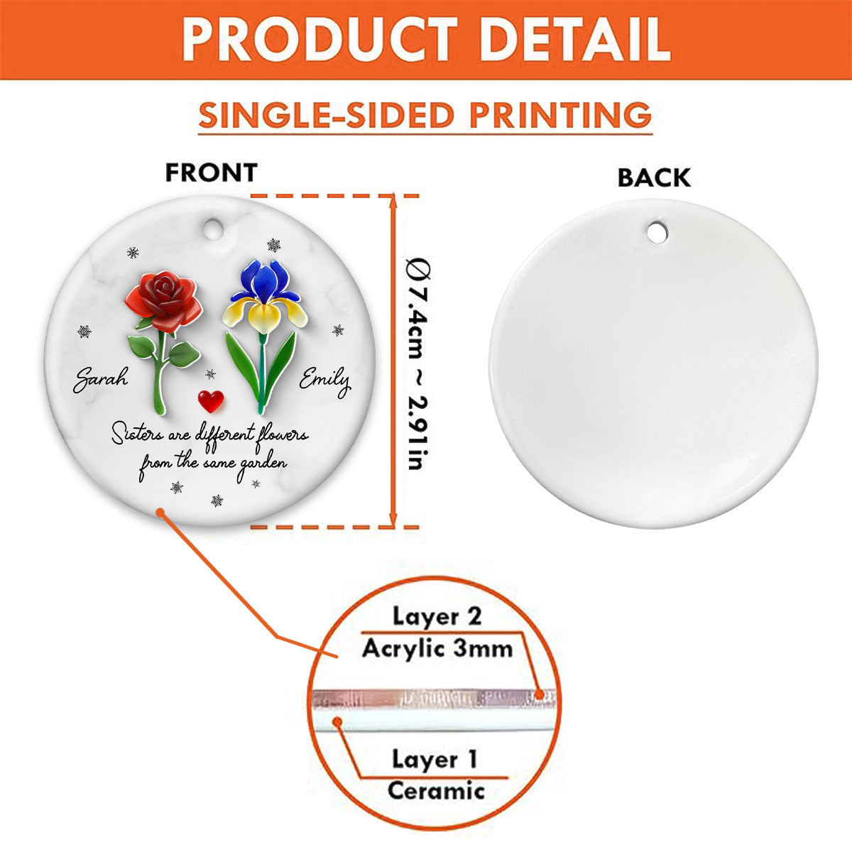 Sisters Are Different Flowers from the Same Garden, 3D Effect Sea Glass - Personalized Ceramic Ornament with Acrylic