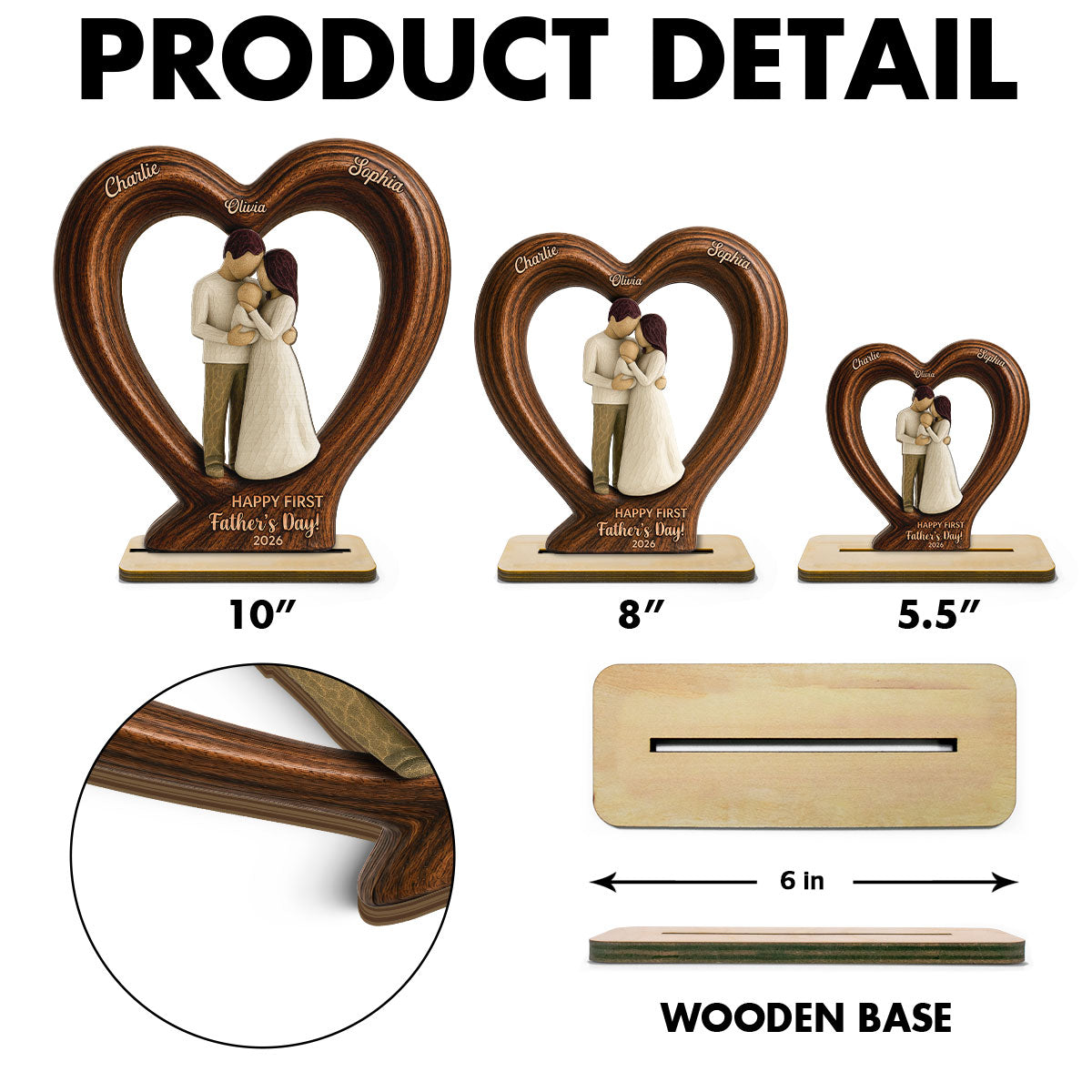 Happy First  Dad From Mom And Baby 2D Flat Heart - Personalized 2-Layered Wooden Plaque - Heartfelt  Gift For Husband, New Dad