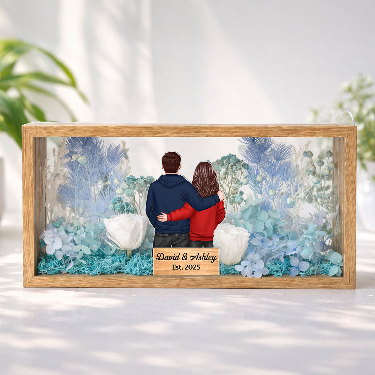 Eternal Love Back View Couple - Personalized DIY Flower Shadow Box LED Night Light - Gift For Couple, For Him, For Her