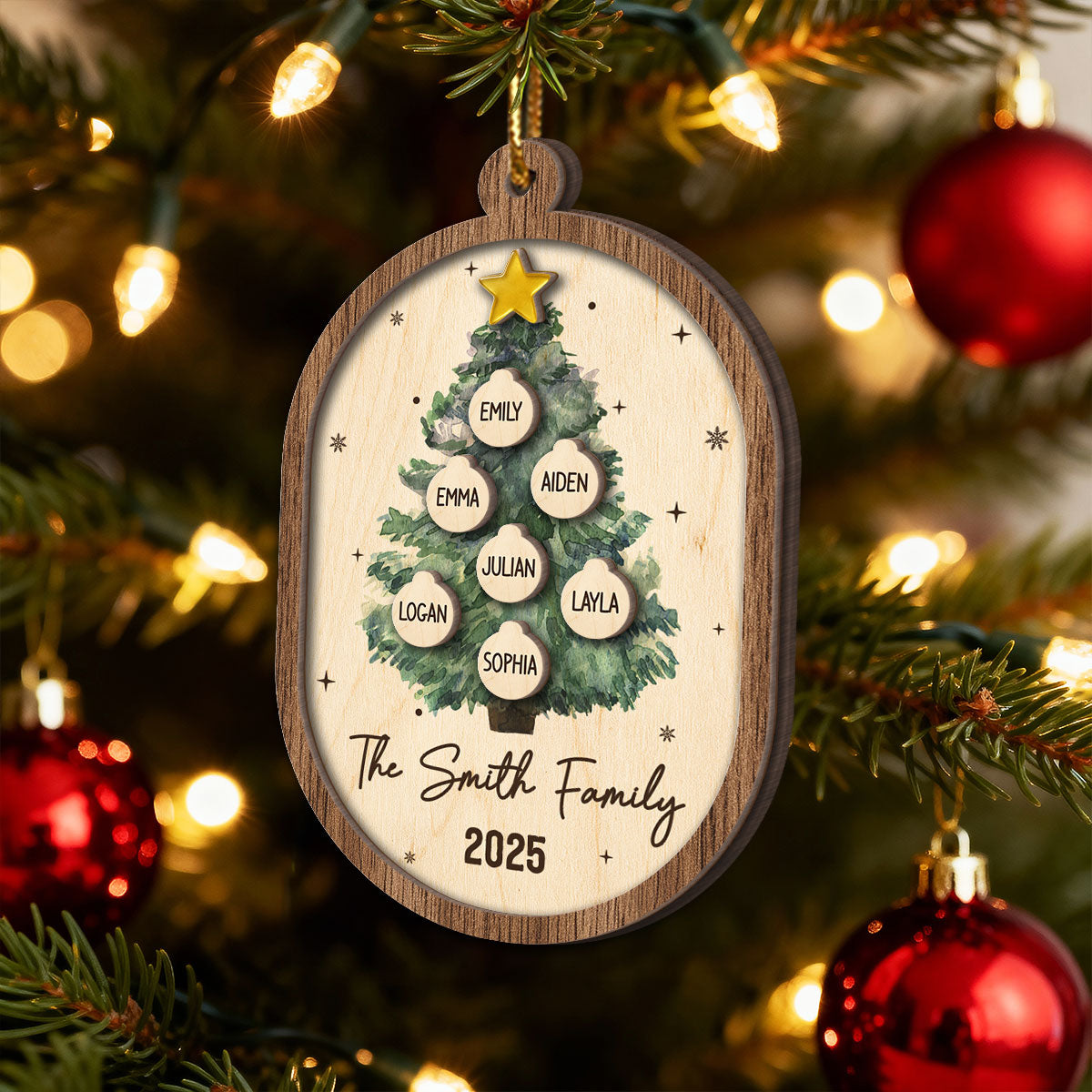 Rustic Watercolor Christmas Tree Family Names - Personalized 2-Layered Wooden Ornament