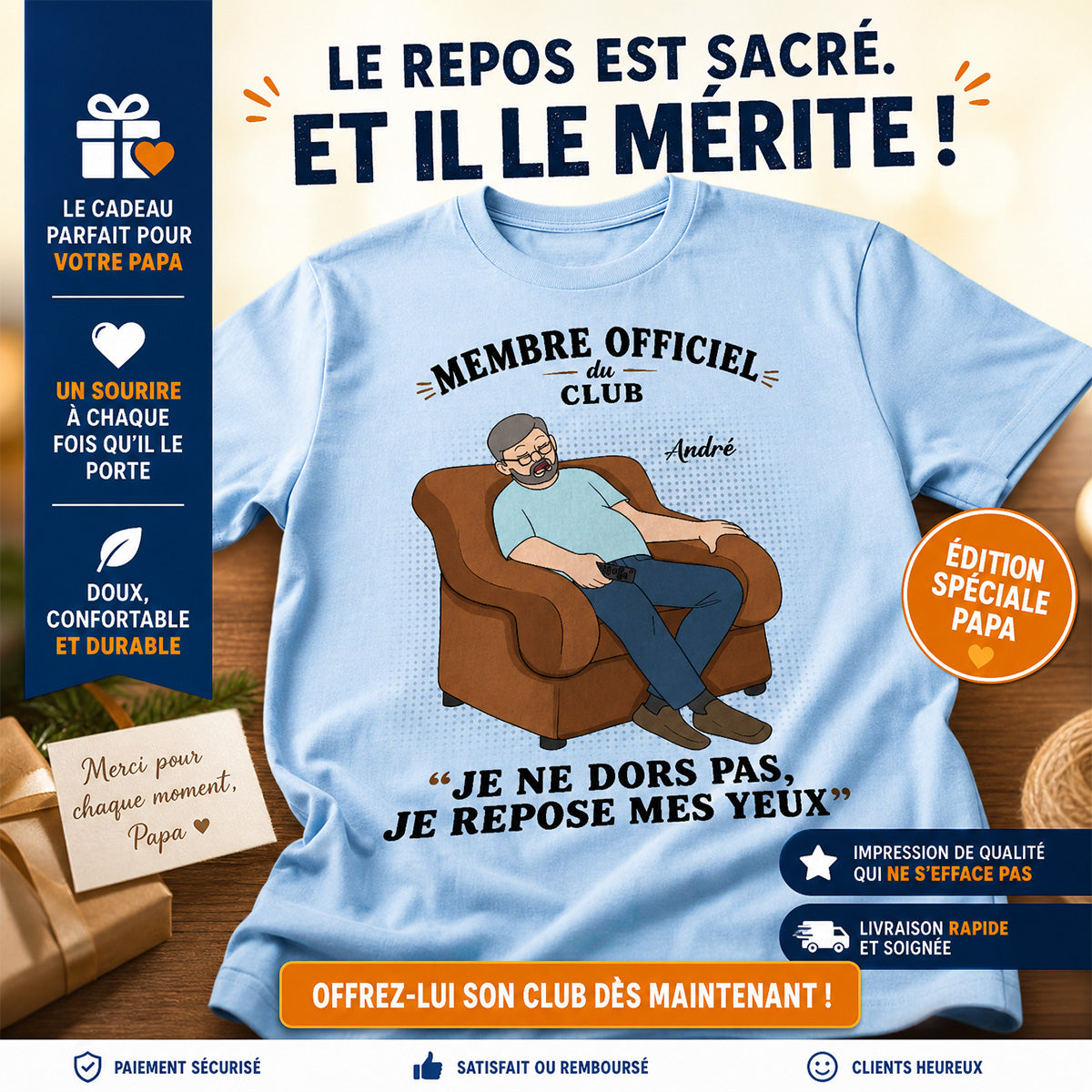 Membre du Club "Je ne dors pas, je repose mes yeux" – T-shirt Personnalisé – Cadeau Rigolo fête des pères pour Papa & Papy