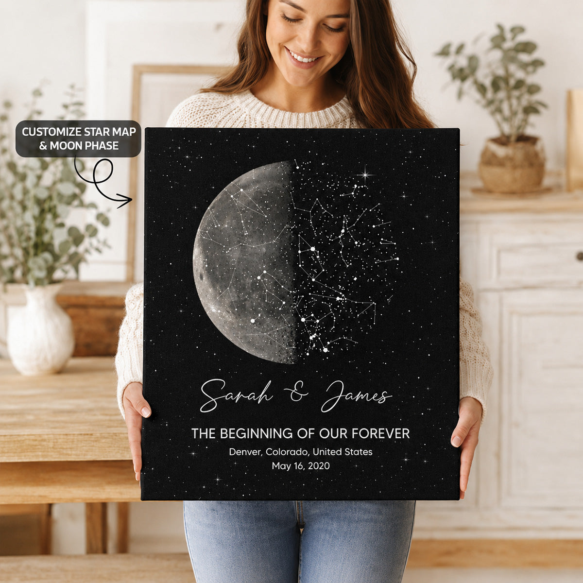 The Night It All Began Custom Moon Phase & Star Map - Personalized Canvas - Gift For Couple