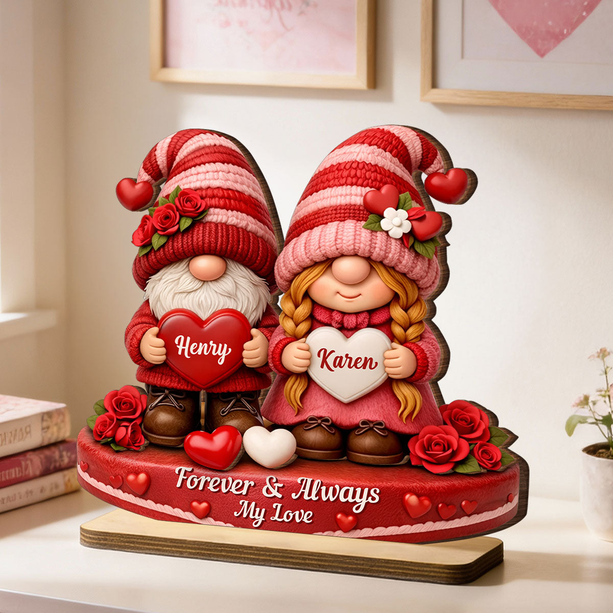 Romantic Gnome Couple - Personalized Standing Wooden Plaque - Gift for Couple