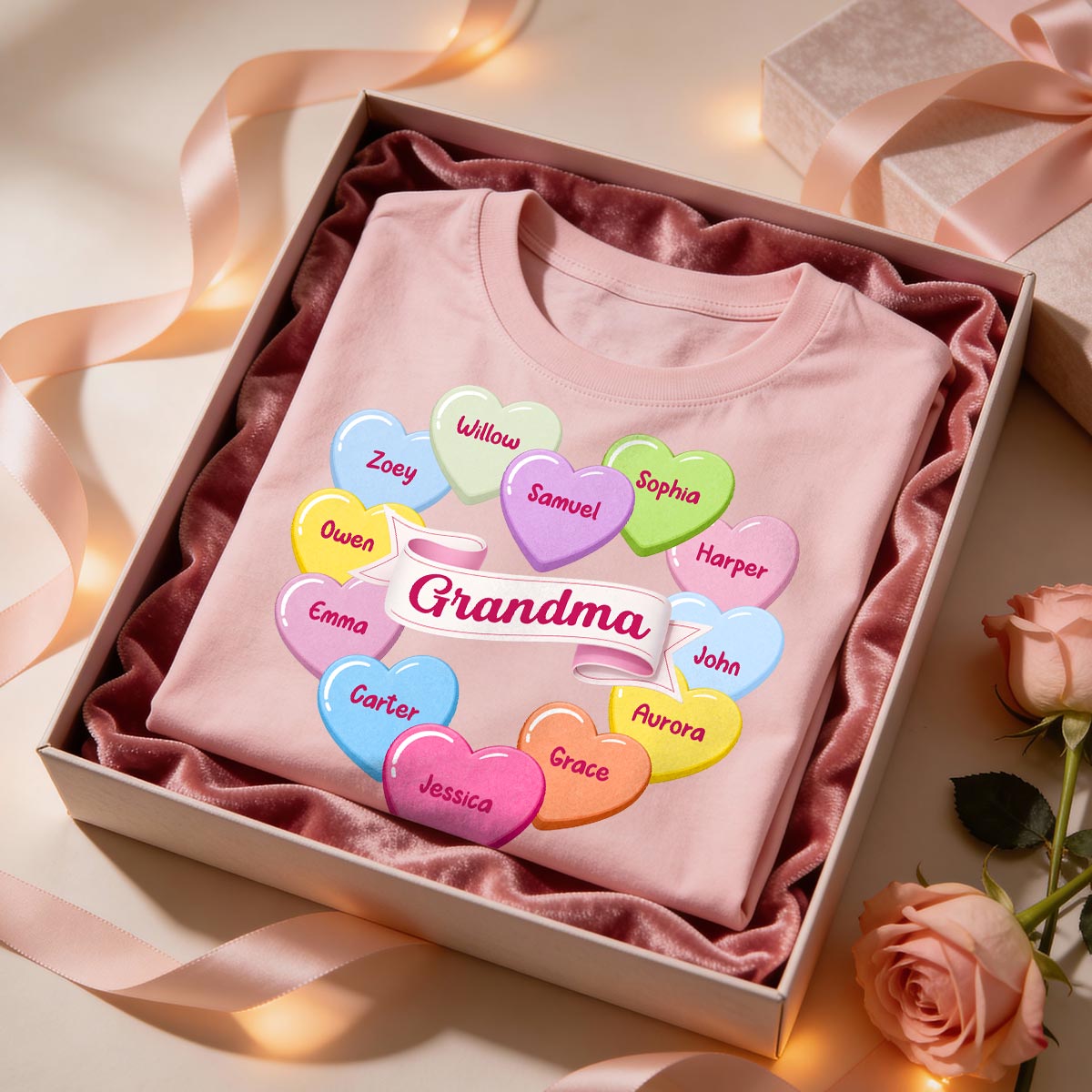 Grandma's Sweethearts Conversation Hearts Grandkids Names Valentine's Day - Personalized Shirt