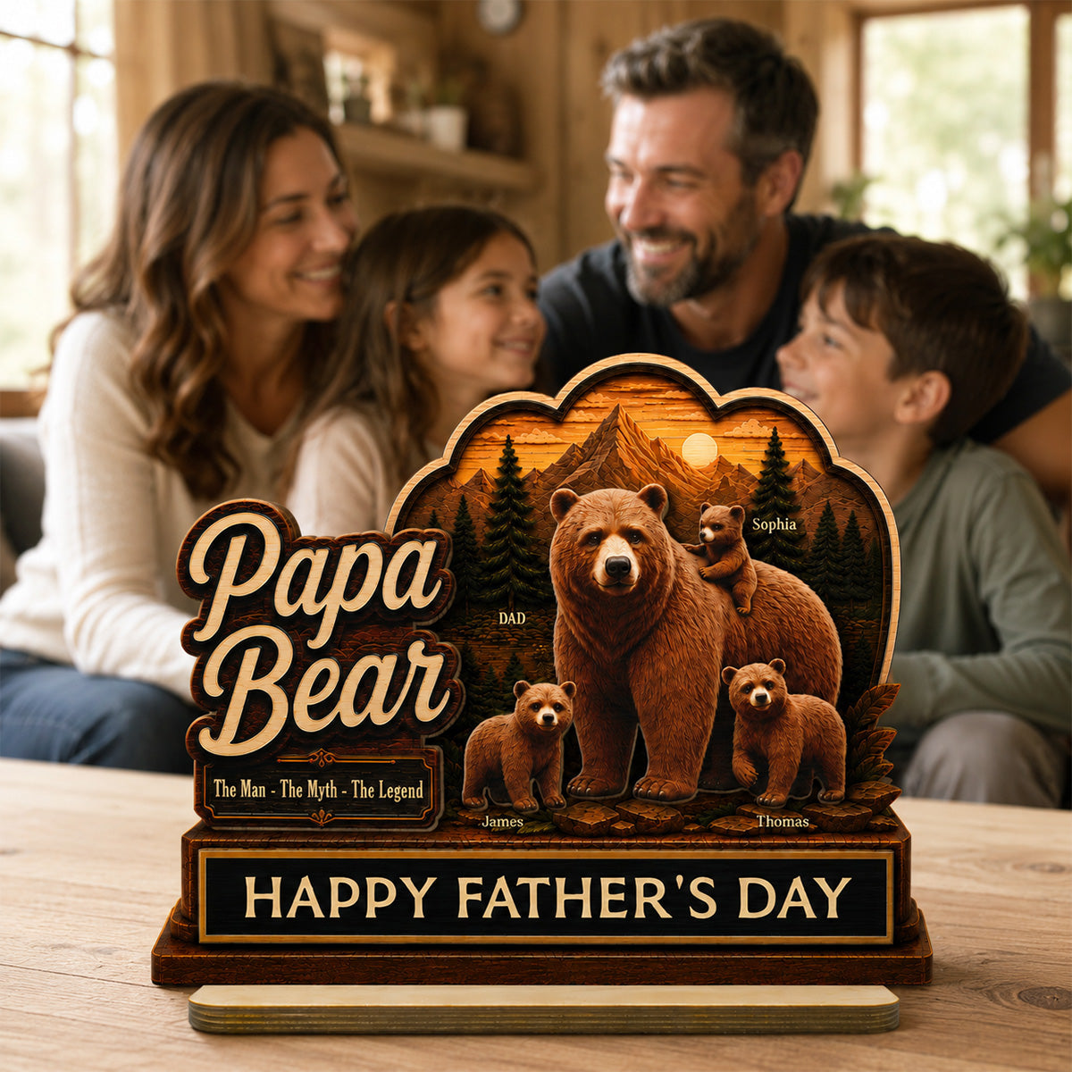 Papa Bear The Man The Myth The Legend 2D Flat - Personalized 2-Layered Wooden Plaque -  Gift For Husband, Dad