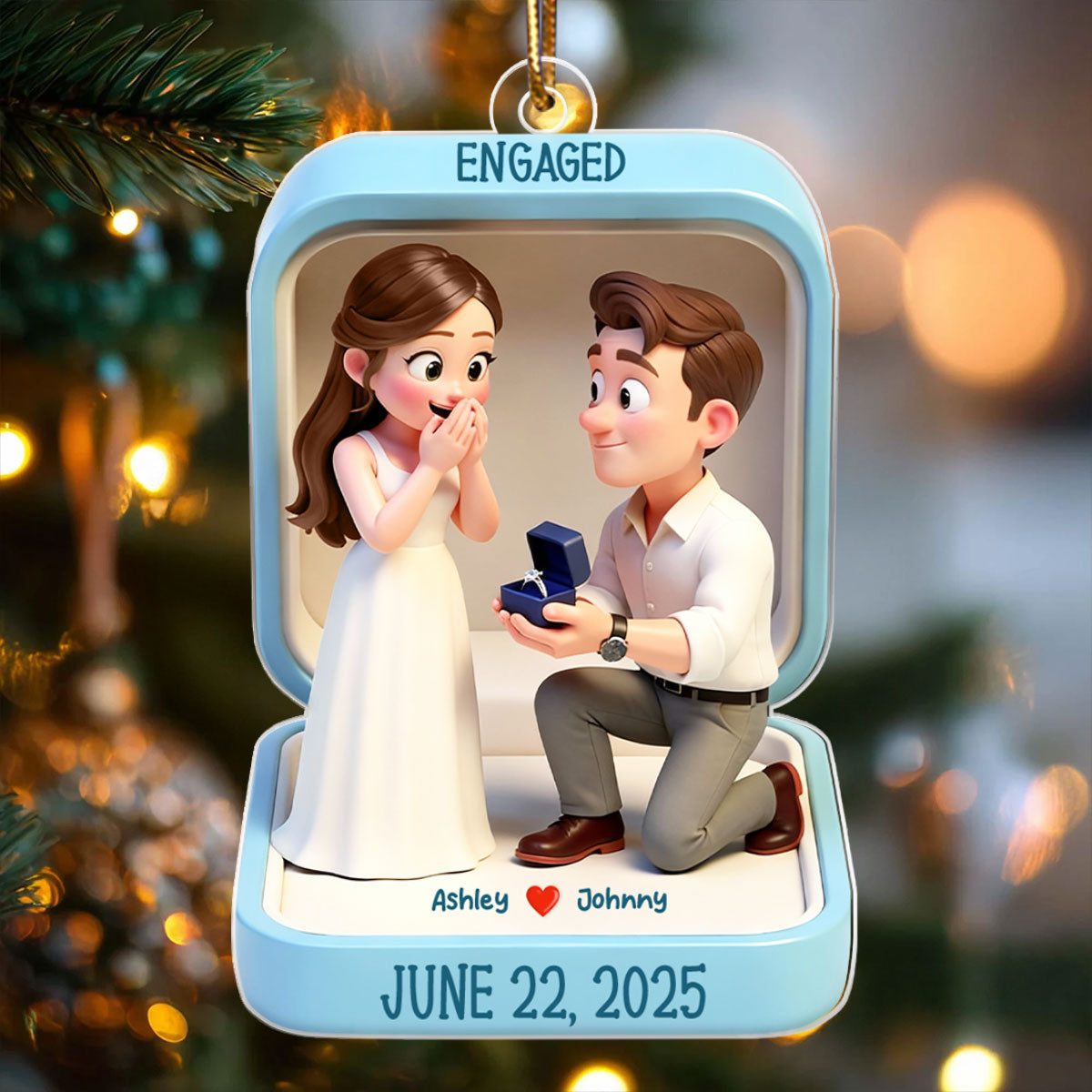 Cute Cartoon Couple 1st Christmas Engaged - Personalized Acrylic Ornament - Proposal Keepsake