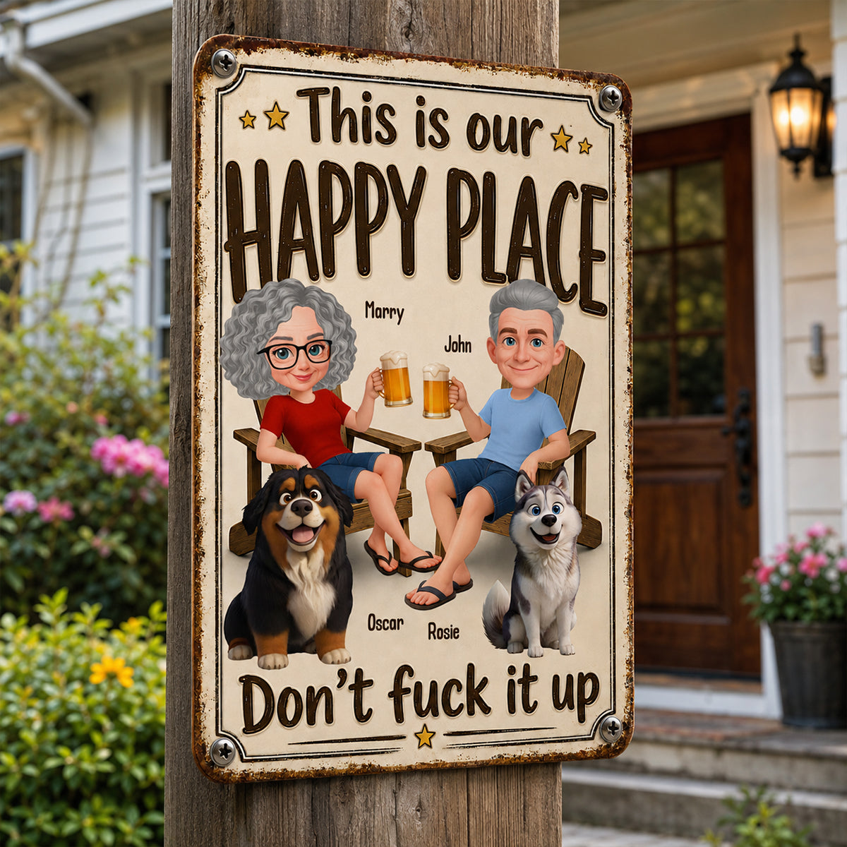 This is Our Happy Place Couple and Dogs - Personalized Metal Sign - Funny Vintage Sign for Couple