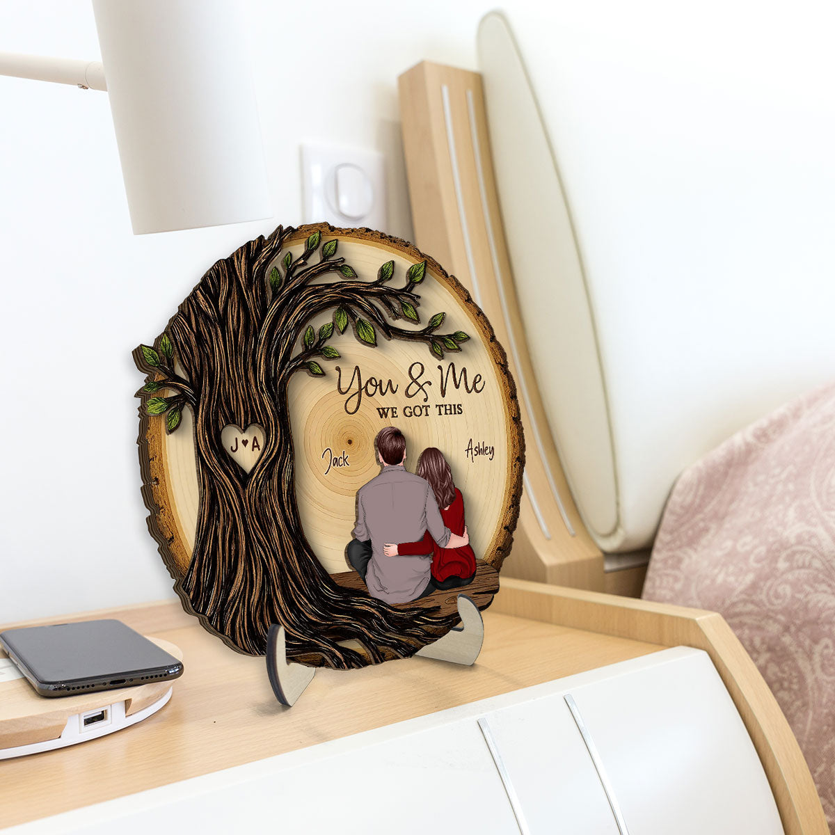Couple Sitting Back View Under Heart Carved Tree - Personalized 2-Layered Wooden Plaque - Valentine's Day Gift For Couple