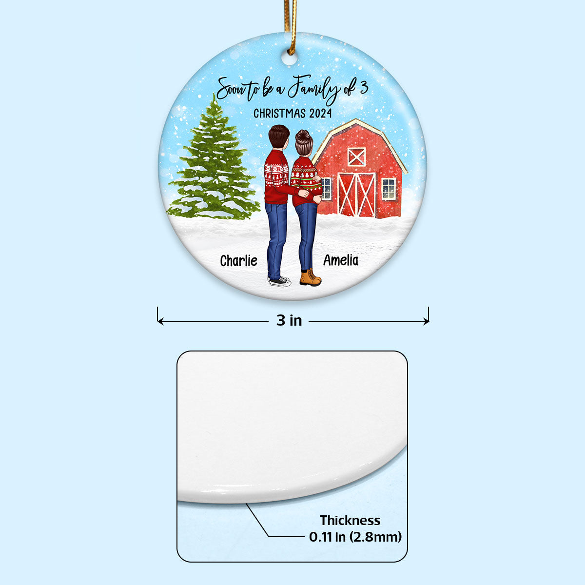 Family Pregnancy Christmas Ornament, Expecting Pregnancy announcement, Red Barn, Personalized Circle Ceramic Ornament