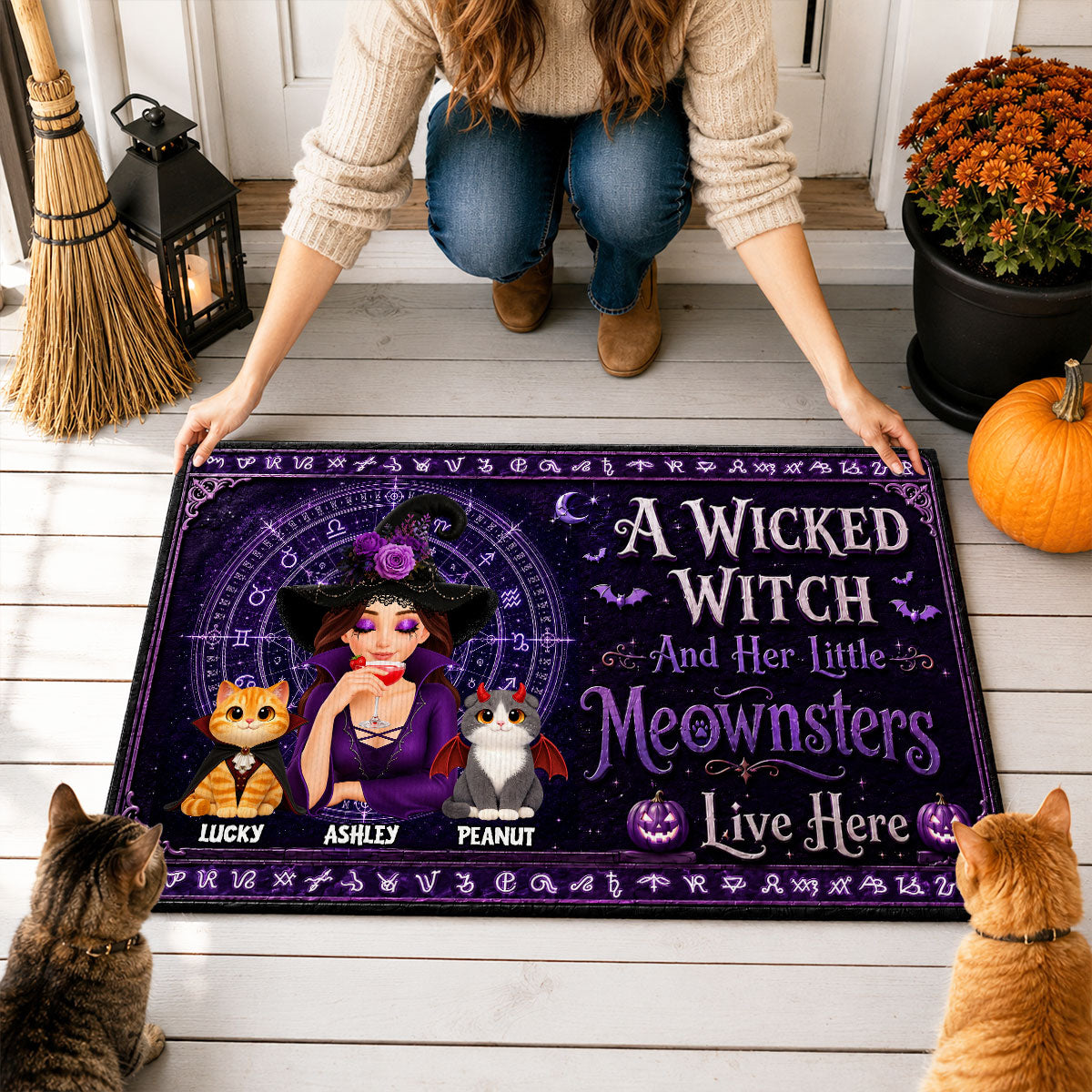 A Wicked Witch And Her Little Meownsters Live Here - Personalized Doormat - Halloween Decor Gift, Gift For Cat Lovers