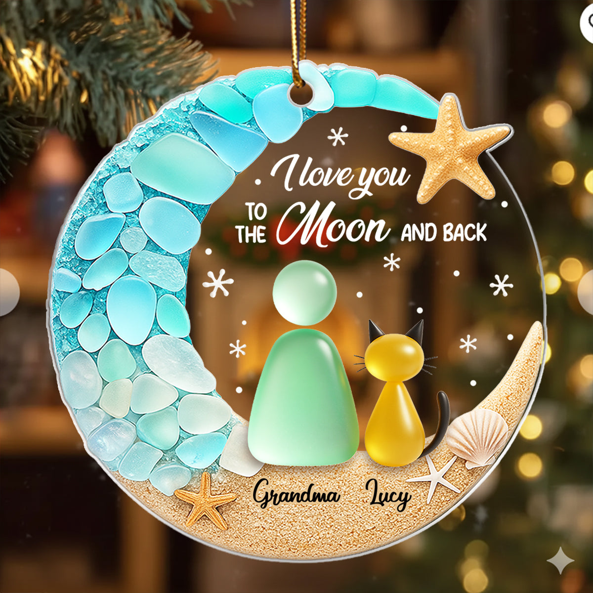 Cat And Owner On The Moon Sea Glass - Personalized Acrylic Ornament - Christmas Gift For Cat Lovers