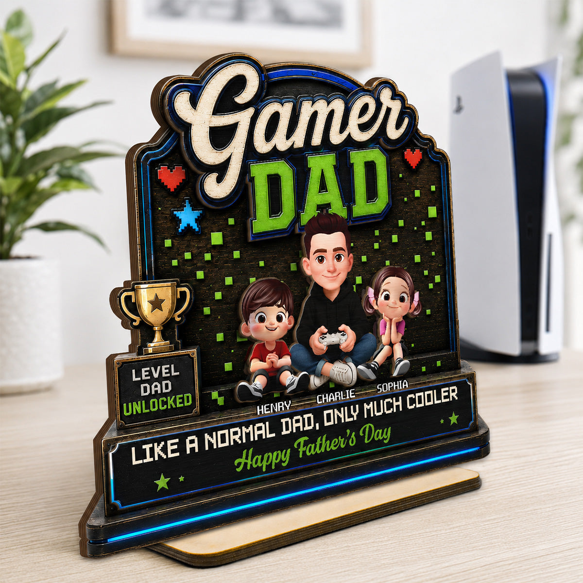 Gamer Dad & Kids - Personalized 2-Layered Wooden Plaque -  Gift For Gamer Dad