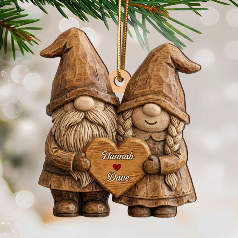 3D Effect Gnome Couple Standing - Personalized Wooden Ornament - Gift For Him, Gift For Her