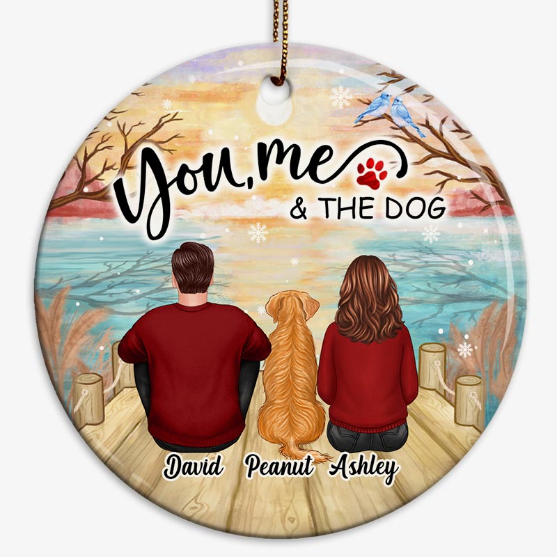 Reflected Lake Couple Sitting With Dogs Personalized Circle Ornament