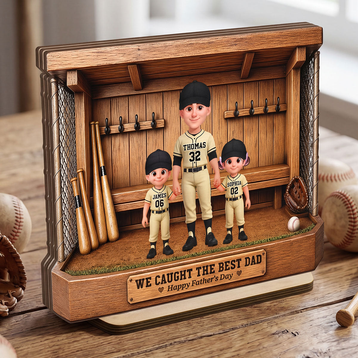 Baseball Dugout Dad And Kids We Caught The Best Dad - Personalized 2-Layered Wooden Plaque -  Gift For Dad