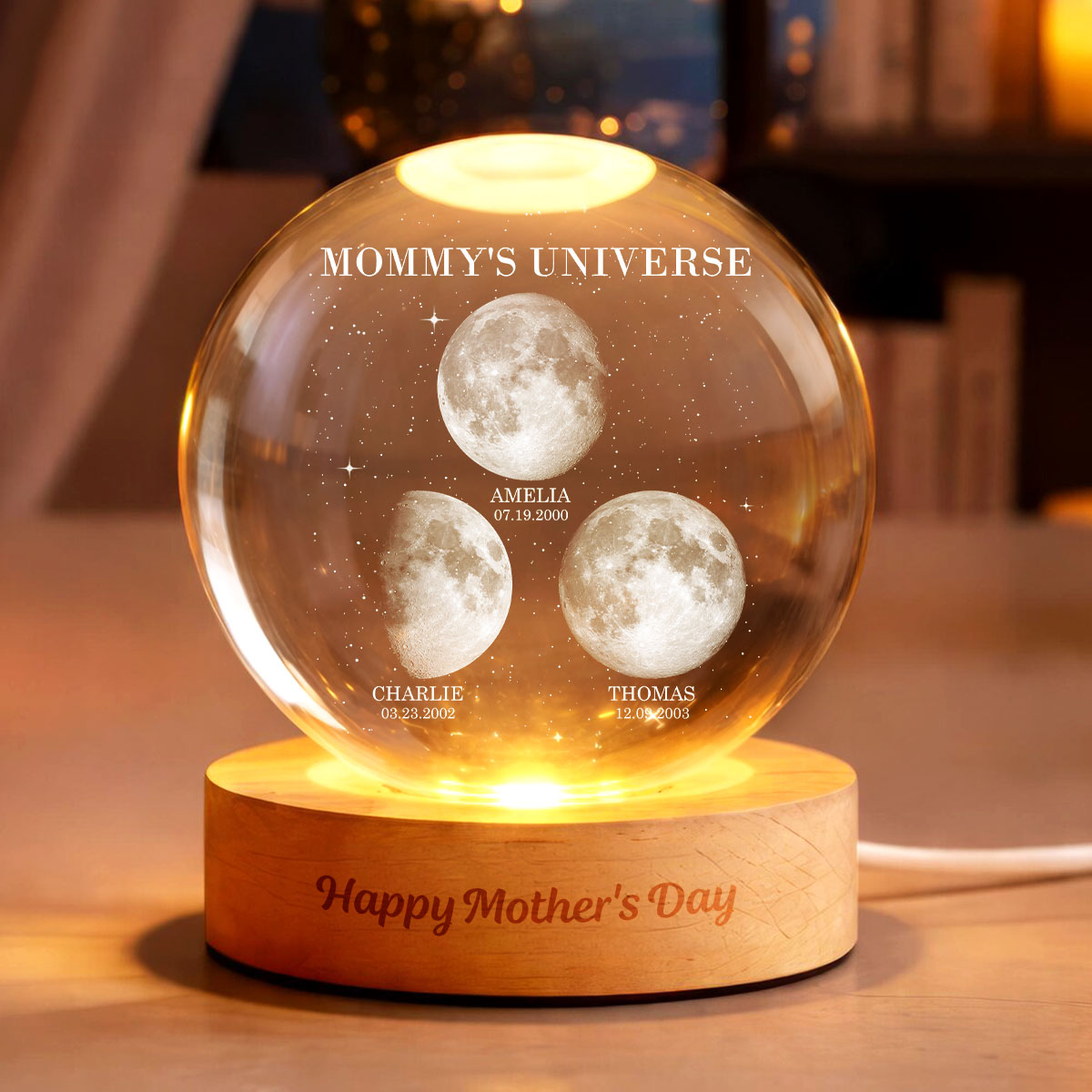 Mommy's Universe, Custom Moon Phase by Date - Personalized Crystal Ball LED Night Light - Mother's Day Gift for Mom, Wife