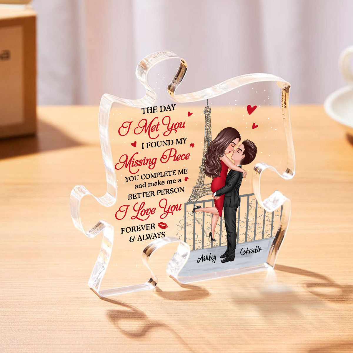 The Day I Met You I Found My Missing Piece, Personalized Couple Puzzle Shaped Acrylic Plaque, Gift For Husband Wife, Anniversary, LGBTQ+