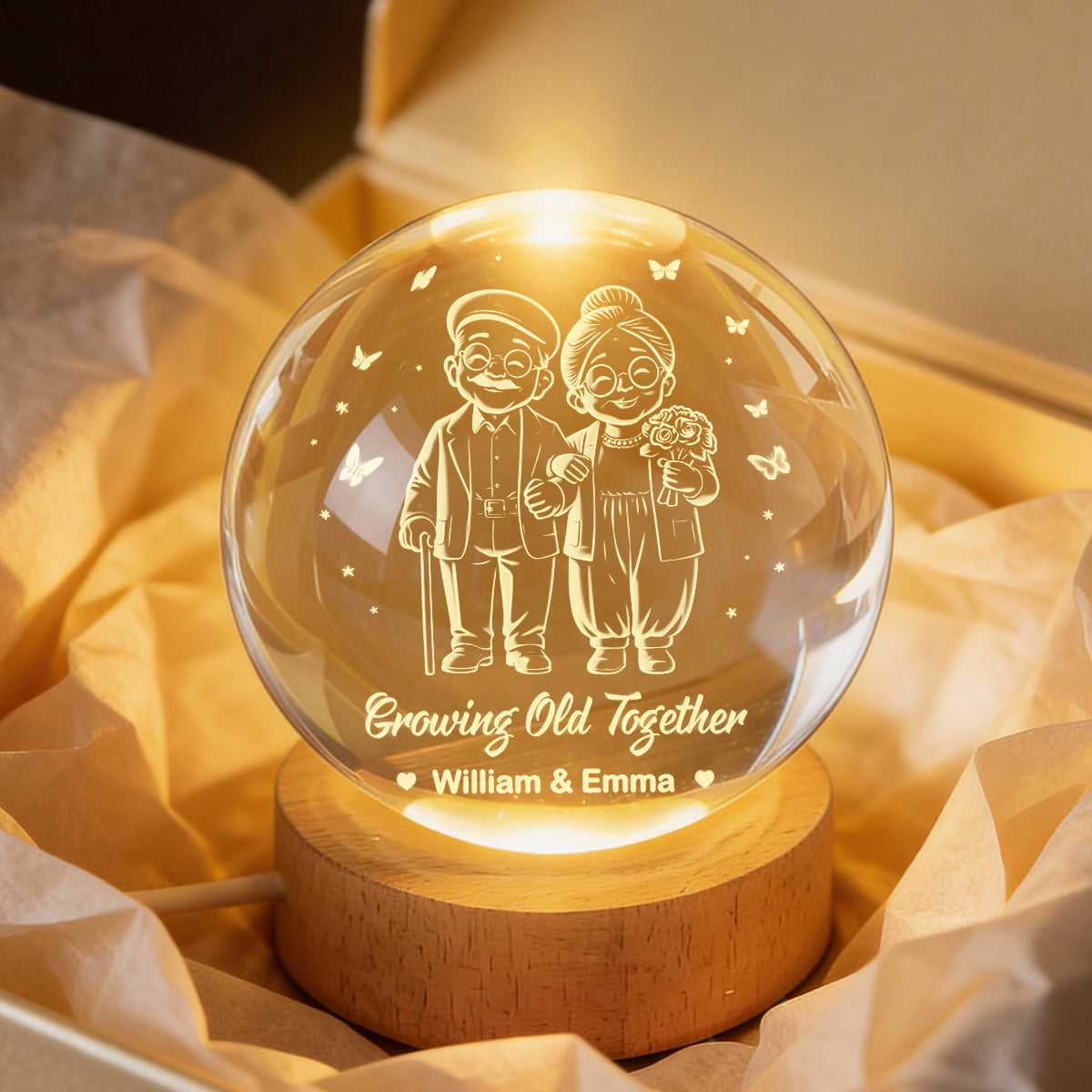 Couple Growing Old Together - Personalized Crystal Ball LED Night Light - Heartfelt Valentine's Day Gift for Her, for Him