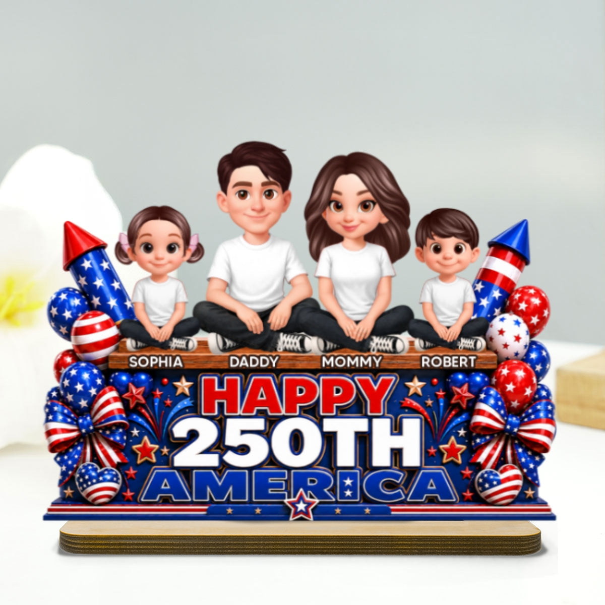 Proud Patriotic Family Happy 250th America Anniversary - Personalized 2-Layered Wooden Plaque - Gift For Family, 4th of July Decoration