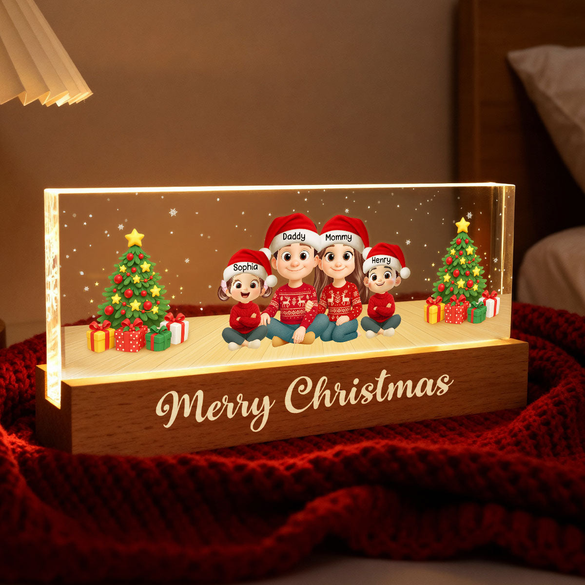 Merry Christmas Family Sitting - Personalized Acrylic Block LED Night Light - Custom Family with Pets, Holidays Gift for Husband, Wife