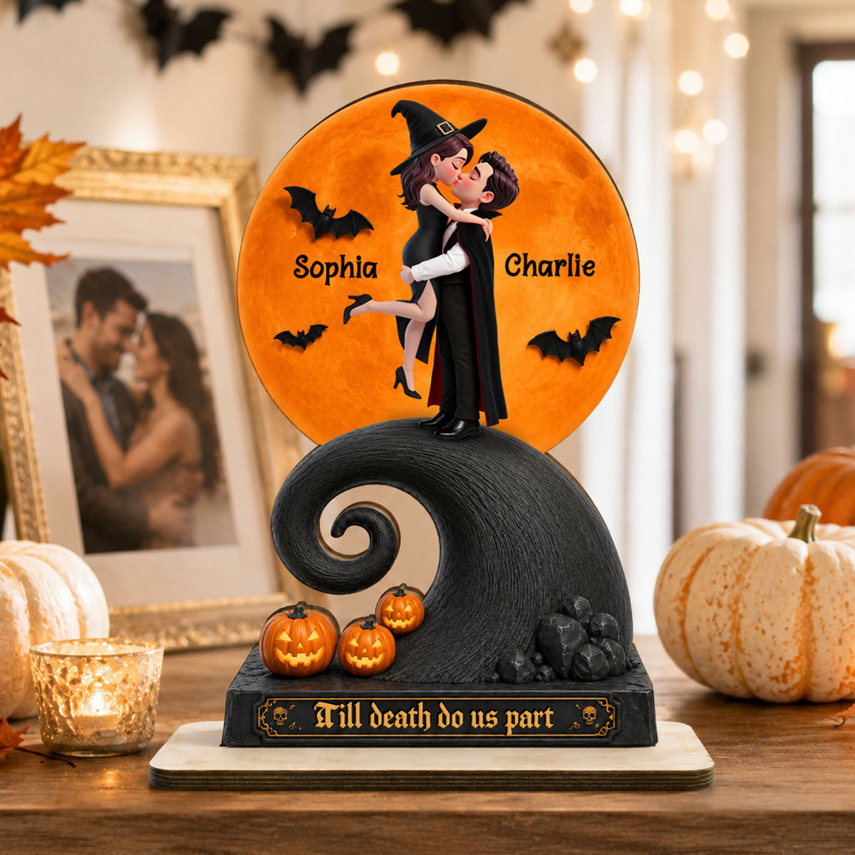 Our Love Beneath The Halloween Moon - Personalized 2-Layered Wooden Plaque - Halloween Gift For Couple