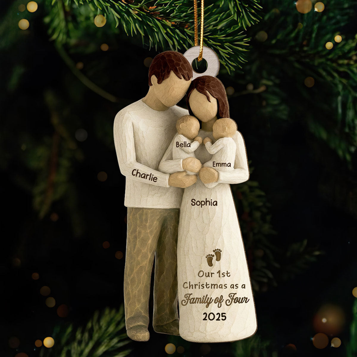 3D Effect First Christmas As Family Of Four Mom Dad & Twin Babies - Personalized Wooden Ornament