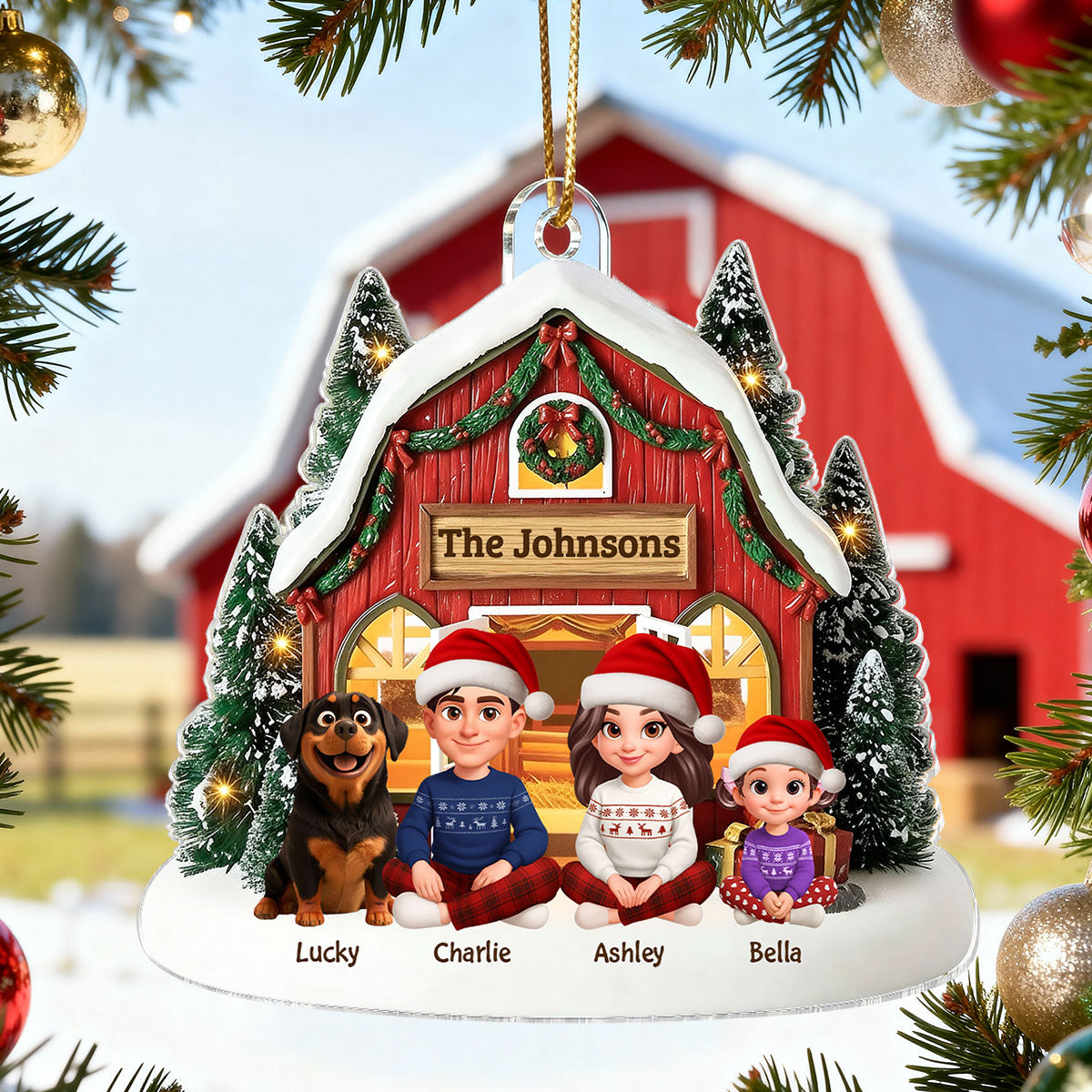 3D Effect Christmas Barn House Family Sitting Together - Personalized Acrylic Ornament