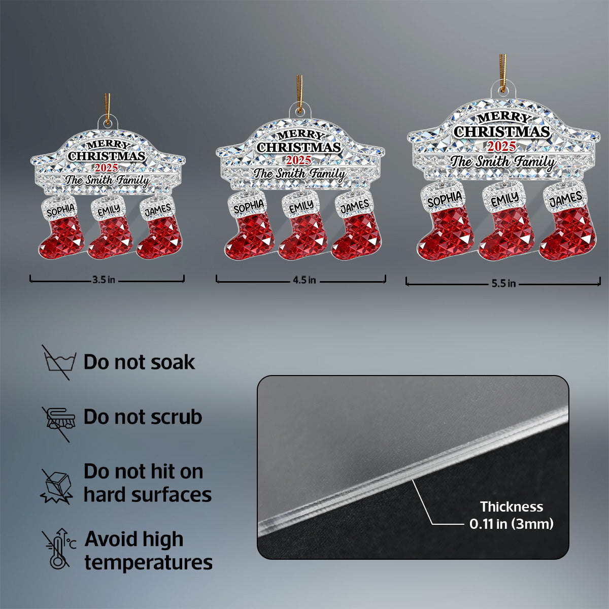 3D Effect Flat Christmas Stockings Family Names - Personalized Acrylic Ornament