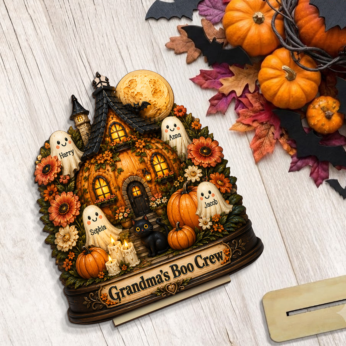 Pumpkin House Grandma's Boo Crew - Personalized 2-Layered Wooden Plaque - Halloween Decor Gift, Gift For Grandma