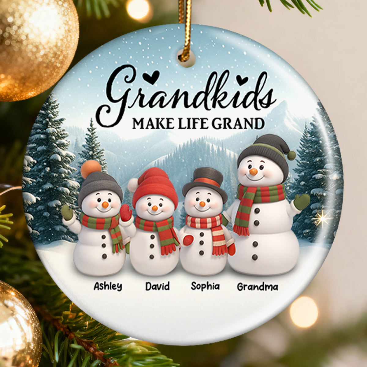 Grandma Grandkids Snowman - Personalized Ceramic Ornament with Acrylic - Unique Christmas Gift for Grandma