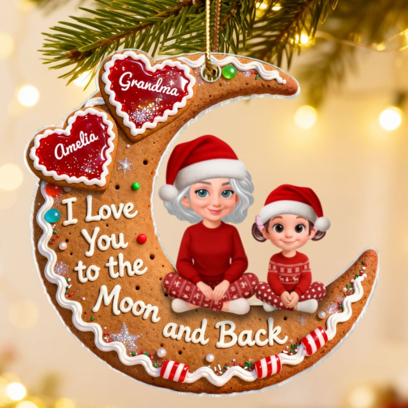 3D Effect Gingerbread Moon Grandma Grandkid Love You To The Moon And Back - Personalized Acrylic Ornament - Christmas Gift For All Grandkids