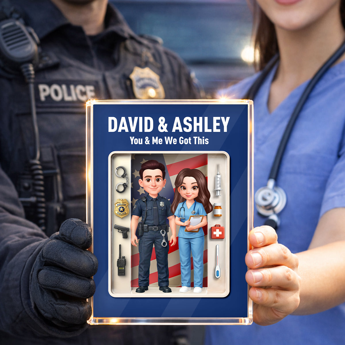 Police & Nurse Couple 3D Action Figure - Personalized Acrylic Block Plaque - Heartfelt Gift for Him, for Her