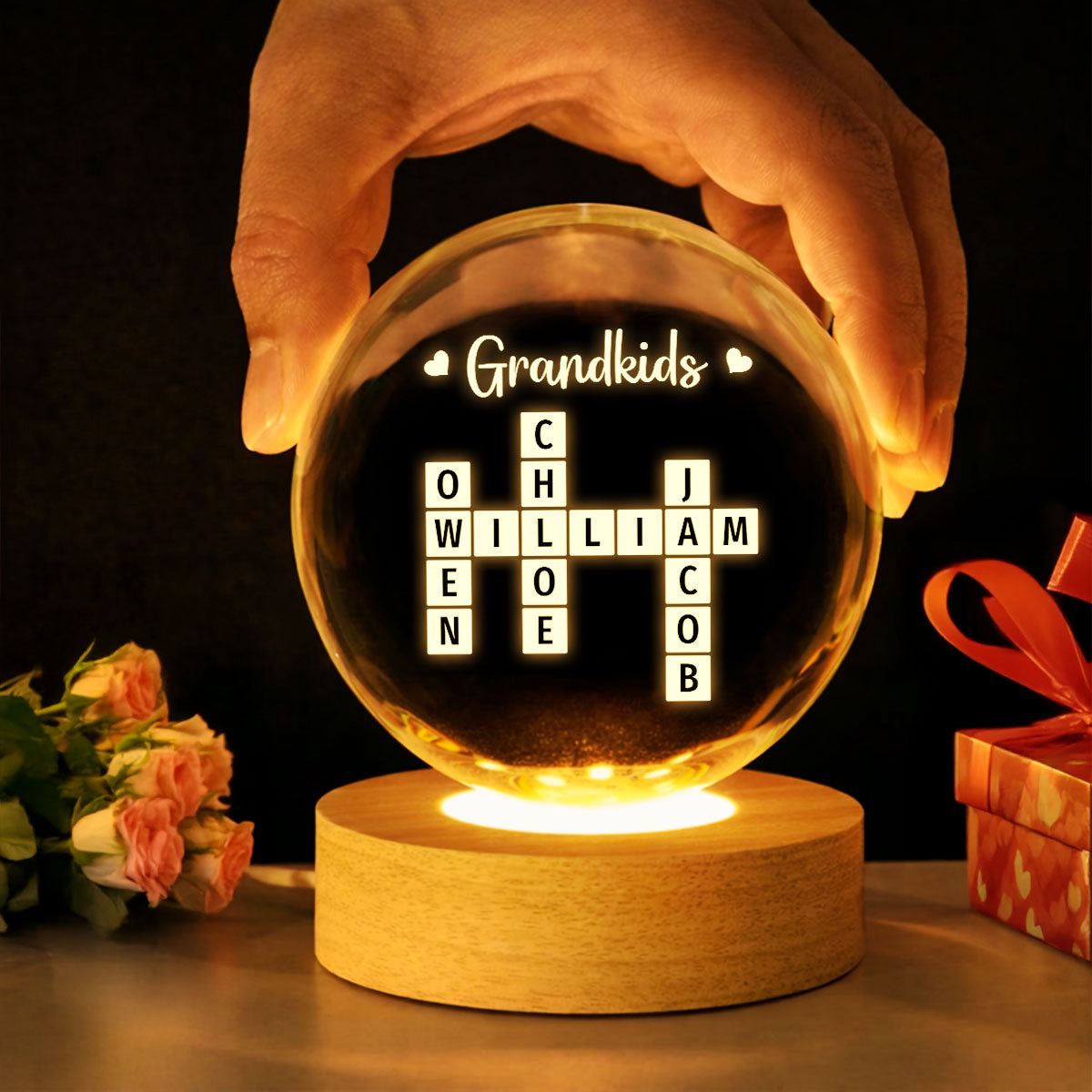 Grandkids Crossword Puzzle Art - Personalized Crystal Ball LED Night Light - Heartfelt Gift For Grandma, Gift For Mom