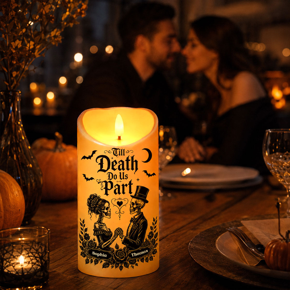 Till Death Do Us Part Skeleton Couple - Personalized LED Candle - Halloween Decor For Couple