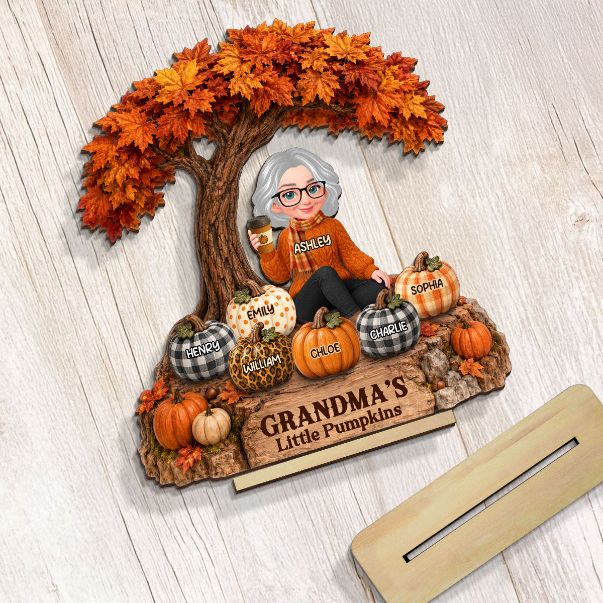Fall Season Tree Grandma's Little Pumpkins - Personalized 2-Layered Wooden Plaque - Fall Decor For Grandma