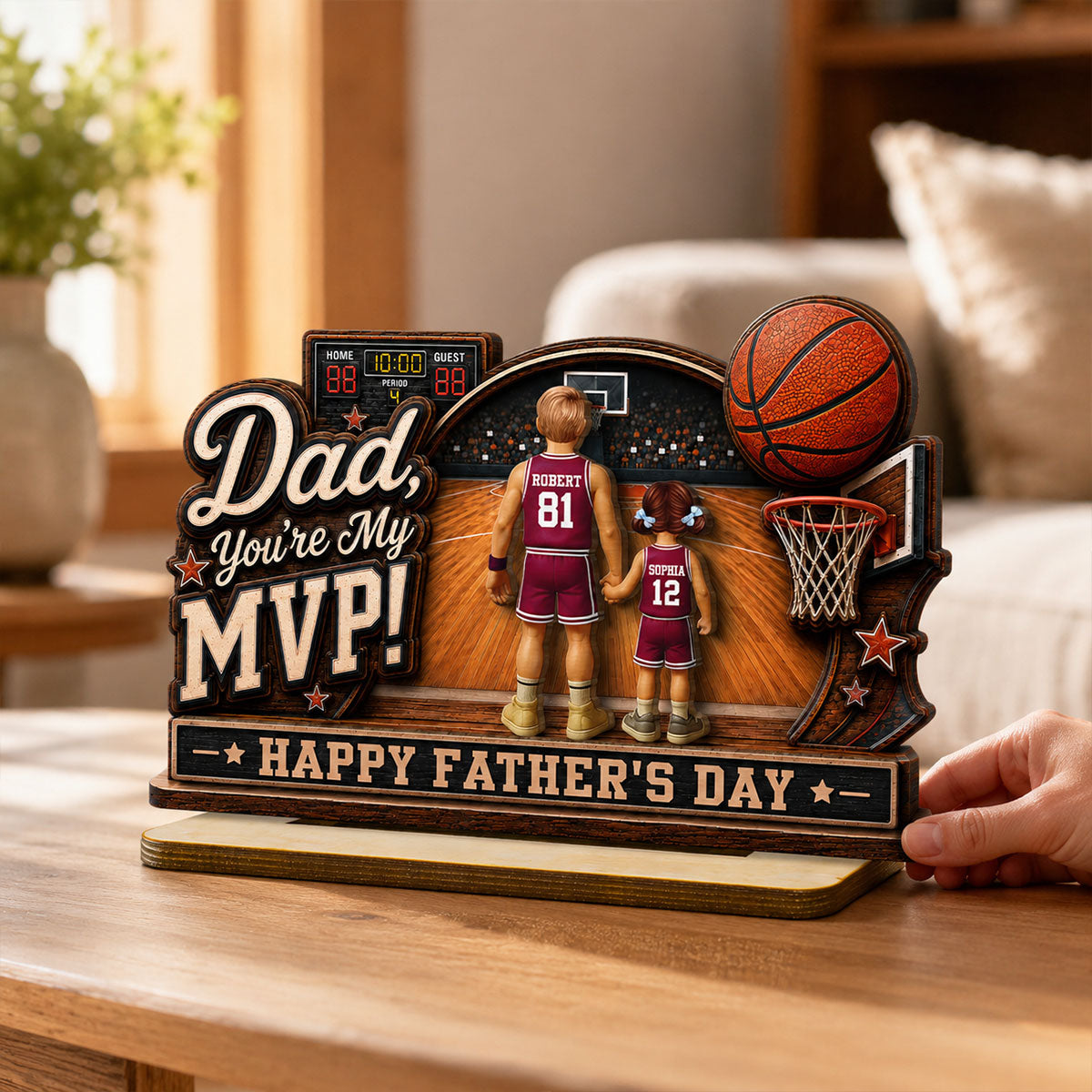Dad You Are Our MVP Standing Basketball Man & Kids 2D Flat - Personalized 2-Layered Wooden Plaque -  Gift For Basketball Dad
