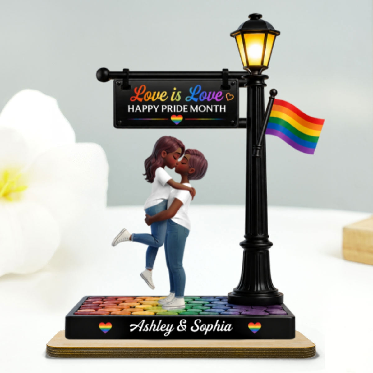 LGBT Couple Under Lamp Post - Personalized 2-Layered Wooden Plaque - Gift For Couple, Happy Pride Month