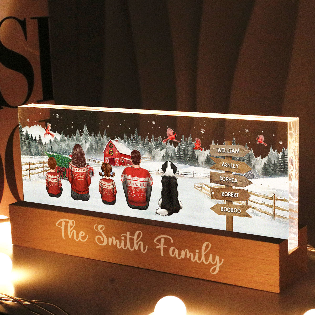 Christmas Family Sitting Truck Red Barn Personalized Acrylic Block LED Night Light