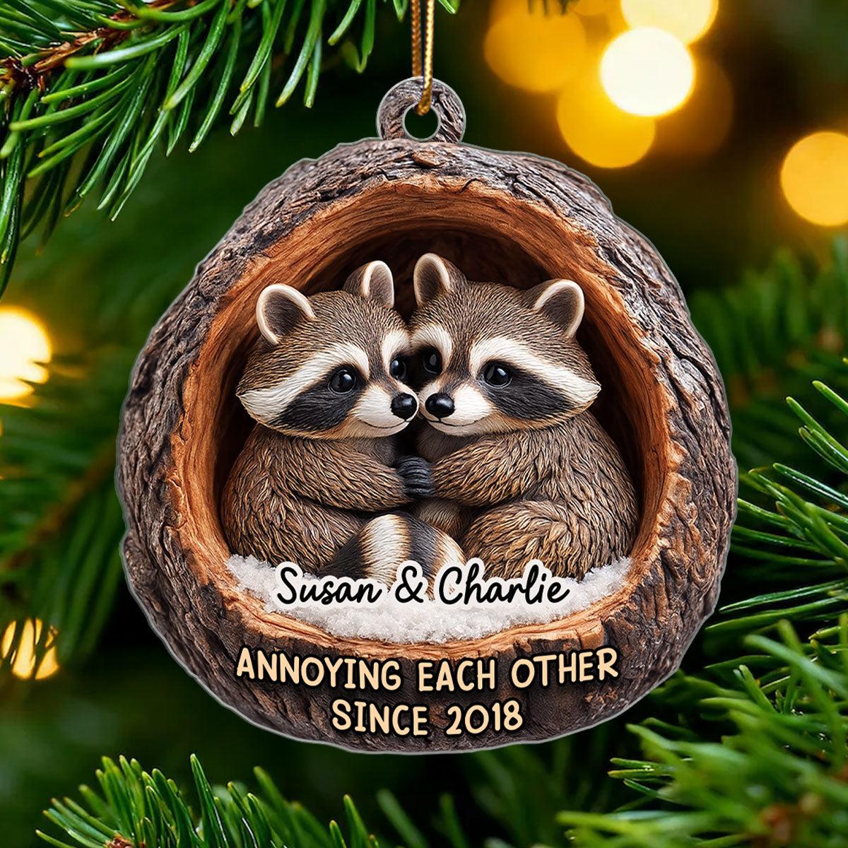 Funny Raccoon Couple Annoying Each Other 3D Wooden Effect - Personalized Acrylic Ornament - Christmas Gift for her, Gift for him