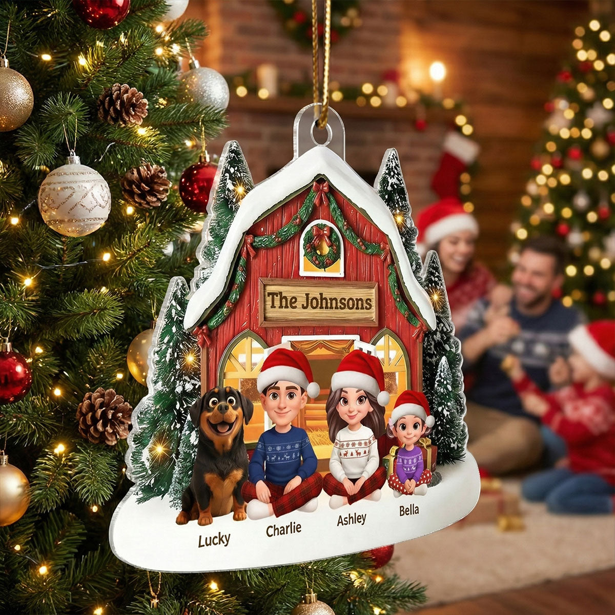 3D Effect Christmas Barn House Family Sitting Together - Personalized Acrylic Ornament