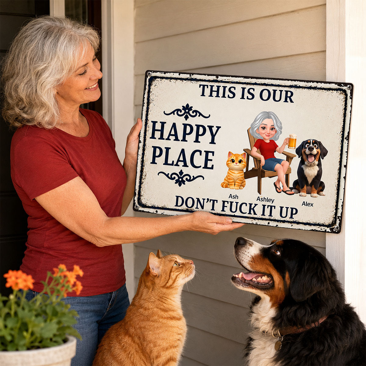 This Is My Happy Place With Dogs Cats - Personalized Metal Sign - Funny Sarcasm Decoration For Dog Lovers, Cat Lovers