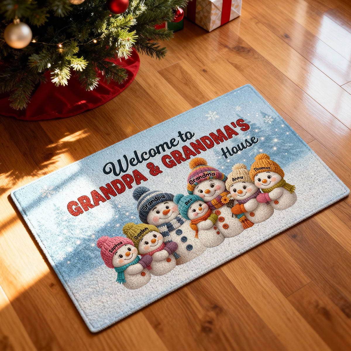 3D Effect Christmas Grandma Grandpa Grandkids Snowman Together - Personalized Doormat