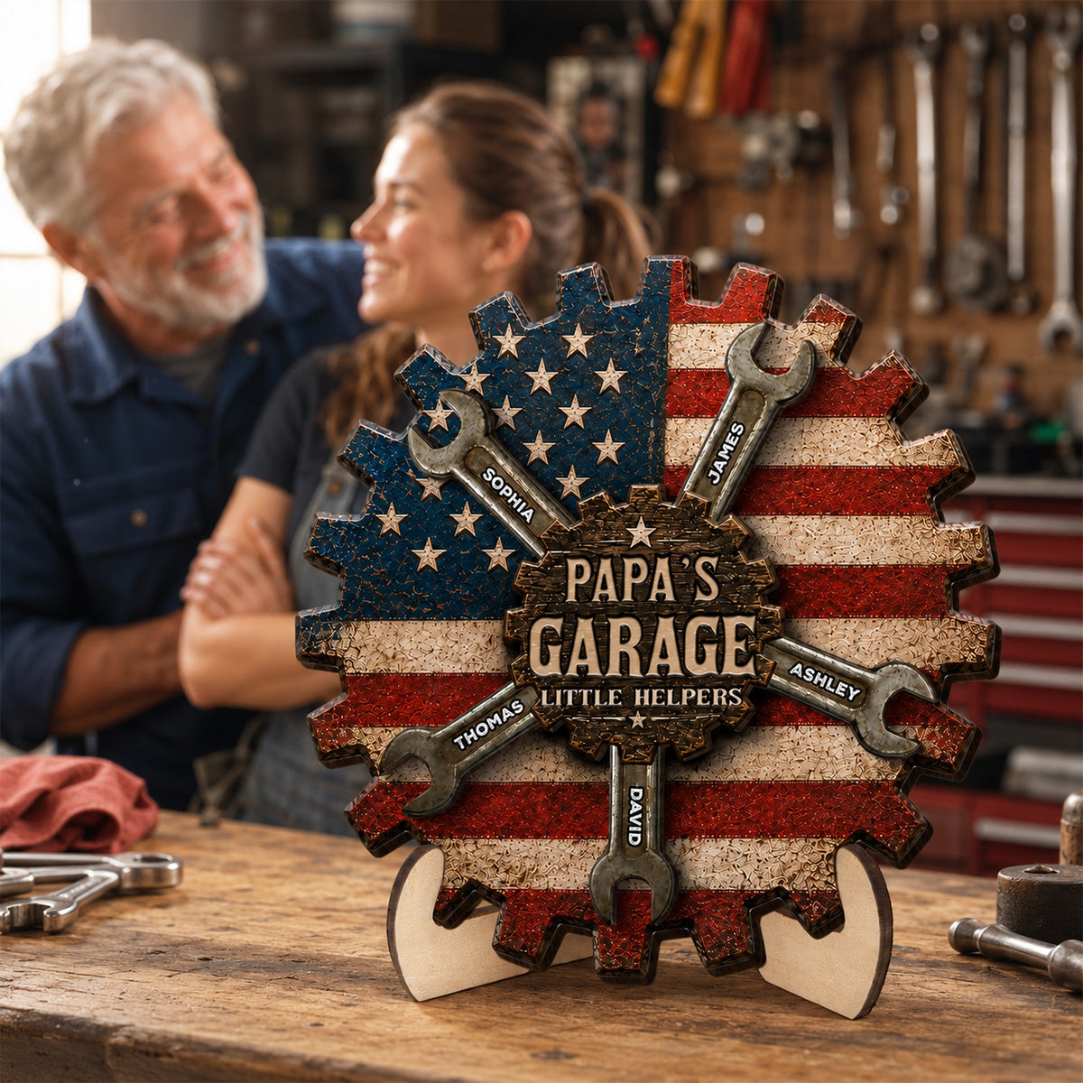 Rustic Workshop Little Helpers Nation Flag Theme 2D Flat - Personalized 2-Layered Wooden Plaque -  Gift For Patriotic Mechanic Dad, Grandpa