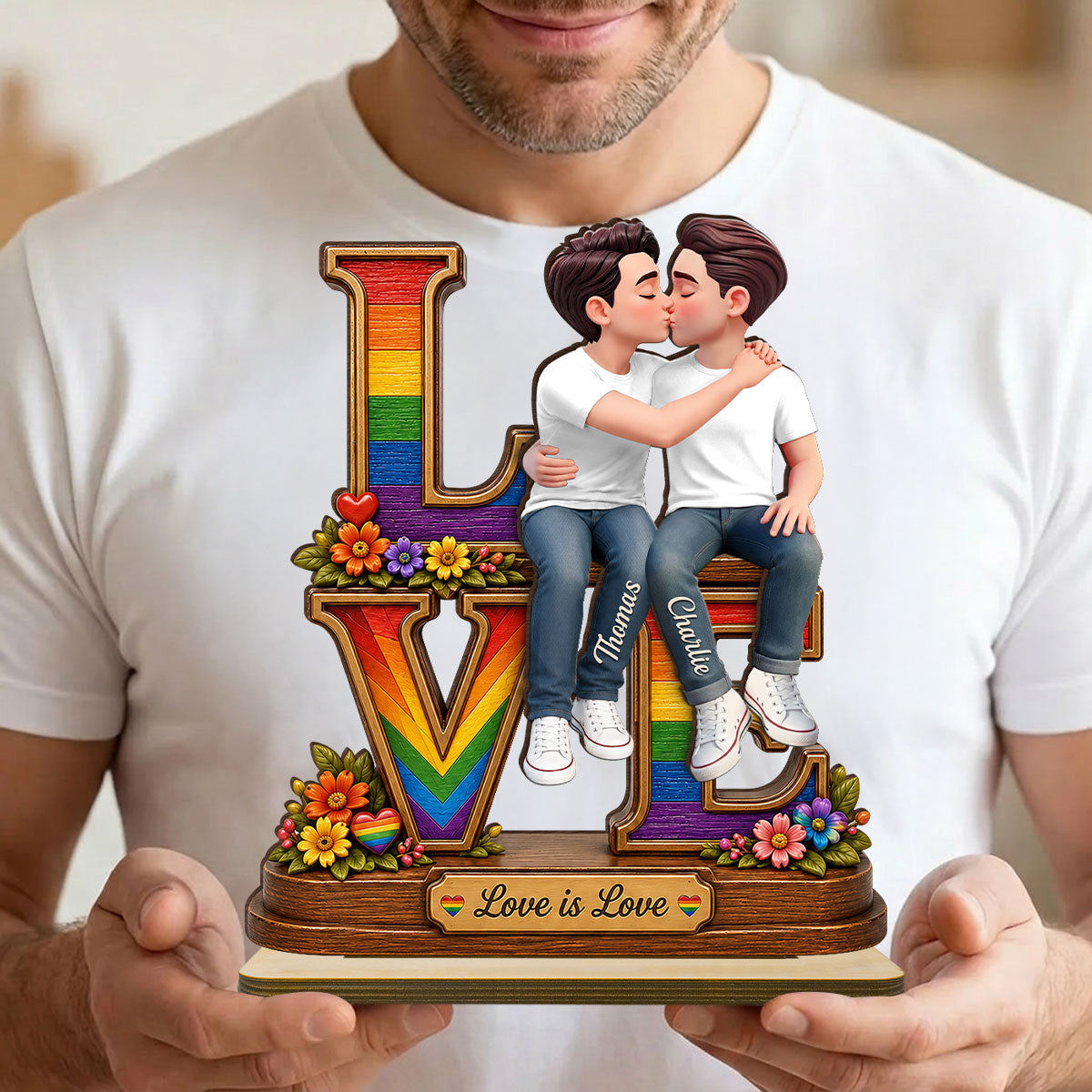 Love Is Love LGBT+ Couple Rose - Personalized 2-Layered Wooden Plaque - Gift For Couple, Happy Pride Month