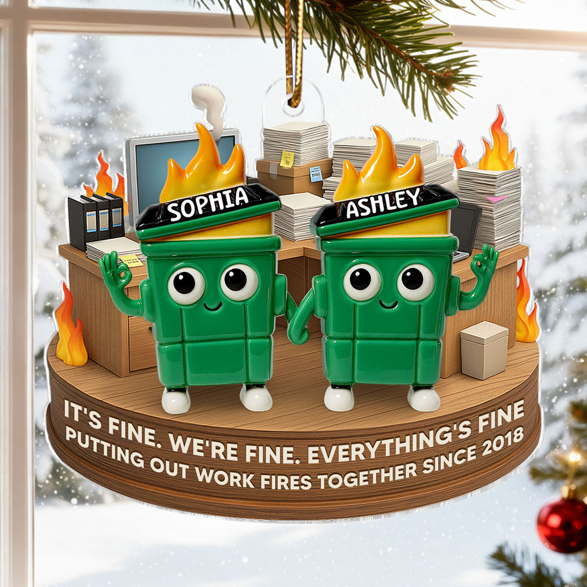 Putting Out Work Fires Together Work Bestie Dumpster Fire - Personalized Acrylic Ornament - Christmas Gift for Colleagues, Coworkers, Boss