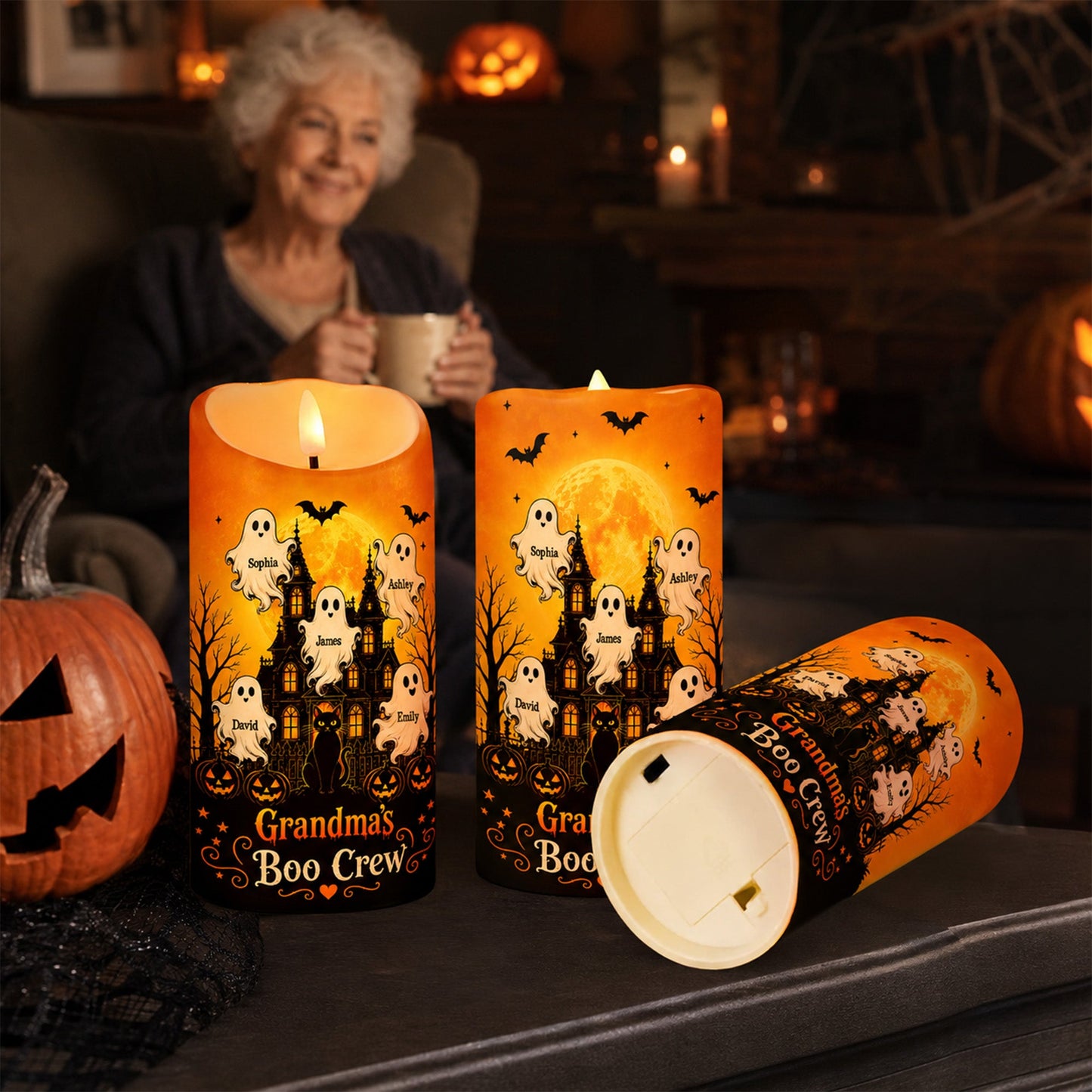 Grandma's Little Boo Crew Haunted House - Personalized LED Candle - Halloween Decor For Grandma